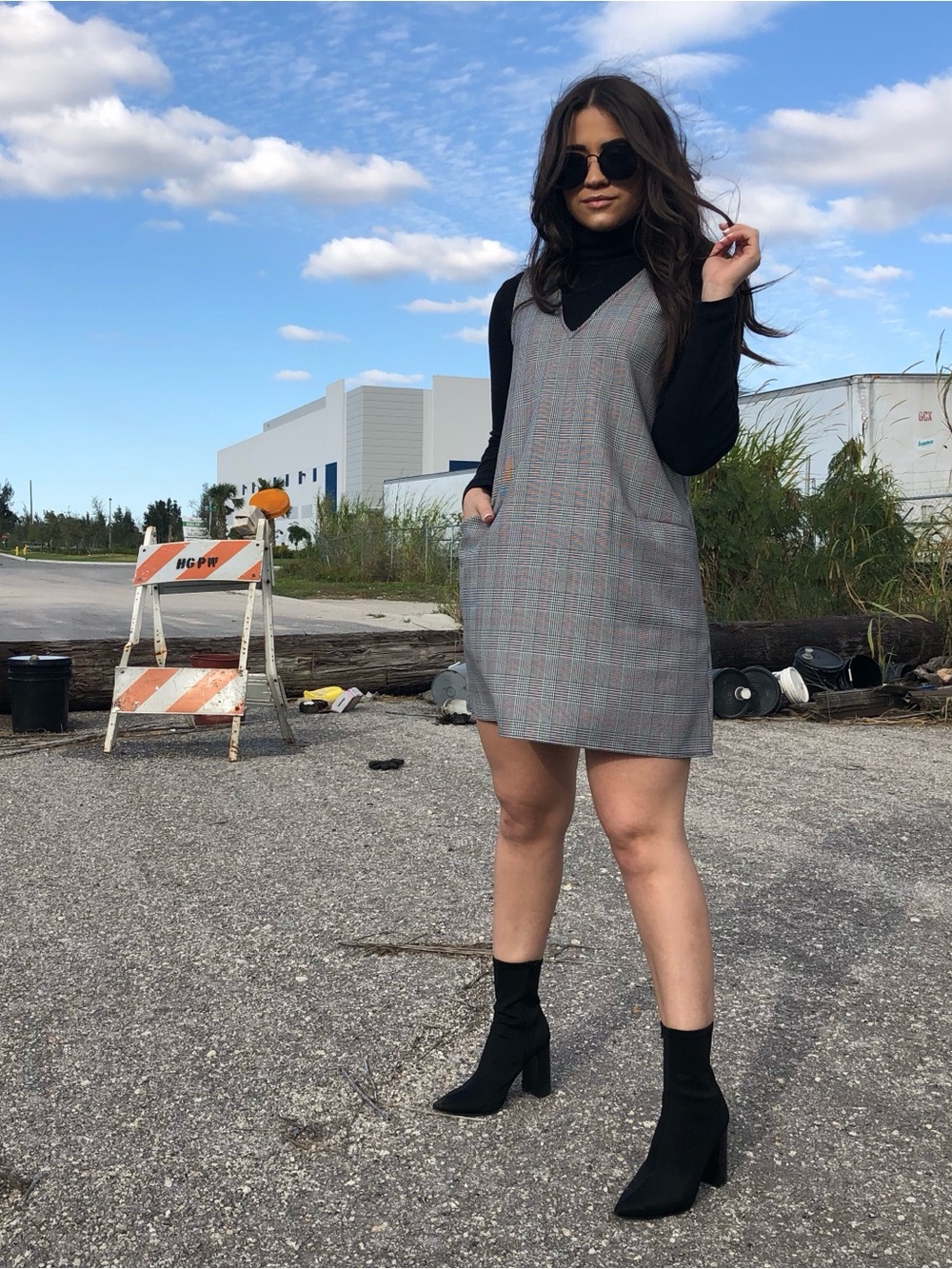 Stradivarius Plaid V-Neck Shift Dress